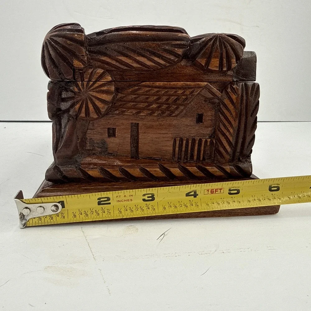 Vintage Hand Carved Folk Art Wooden Jewelry Trinket Box Red Velvet Lined